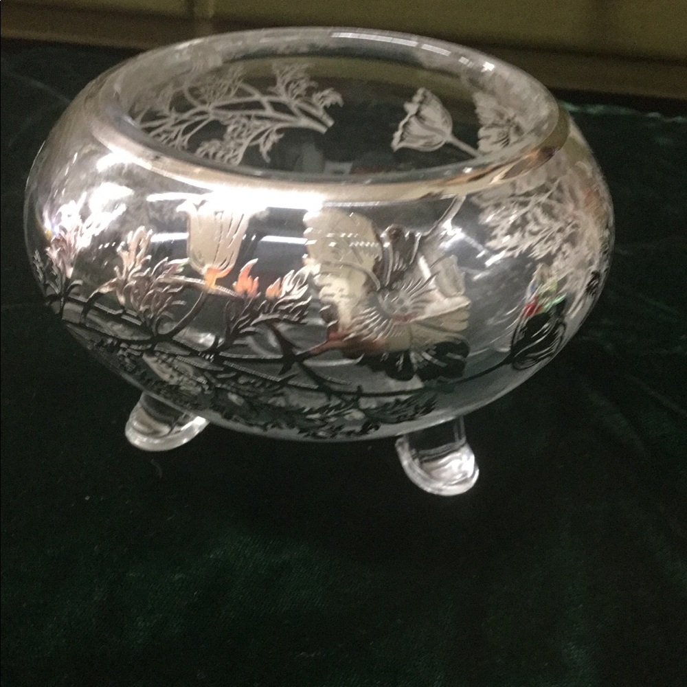 Candy Dish Clear Glass with silver inlay